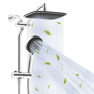 Hibbent Upgraded  10'' Shower Head Combo, High Pressure  Rainfall Showerhead with 5 Spray Modes Handheld, All Metal 3-way Diverter Shower Arm, 59'' Hose and Holder, Height Adjustable Dual Shower Head, Chrome