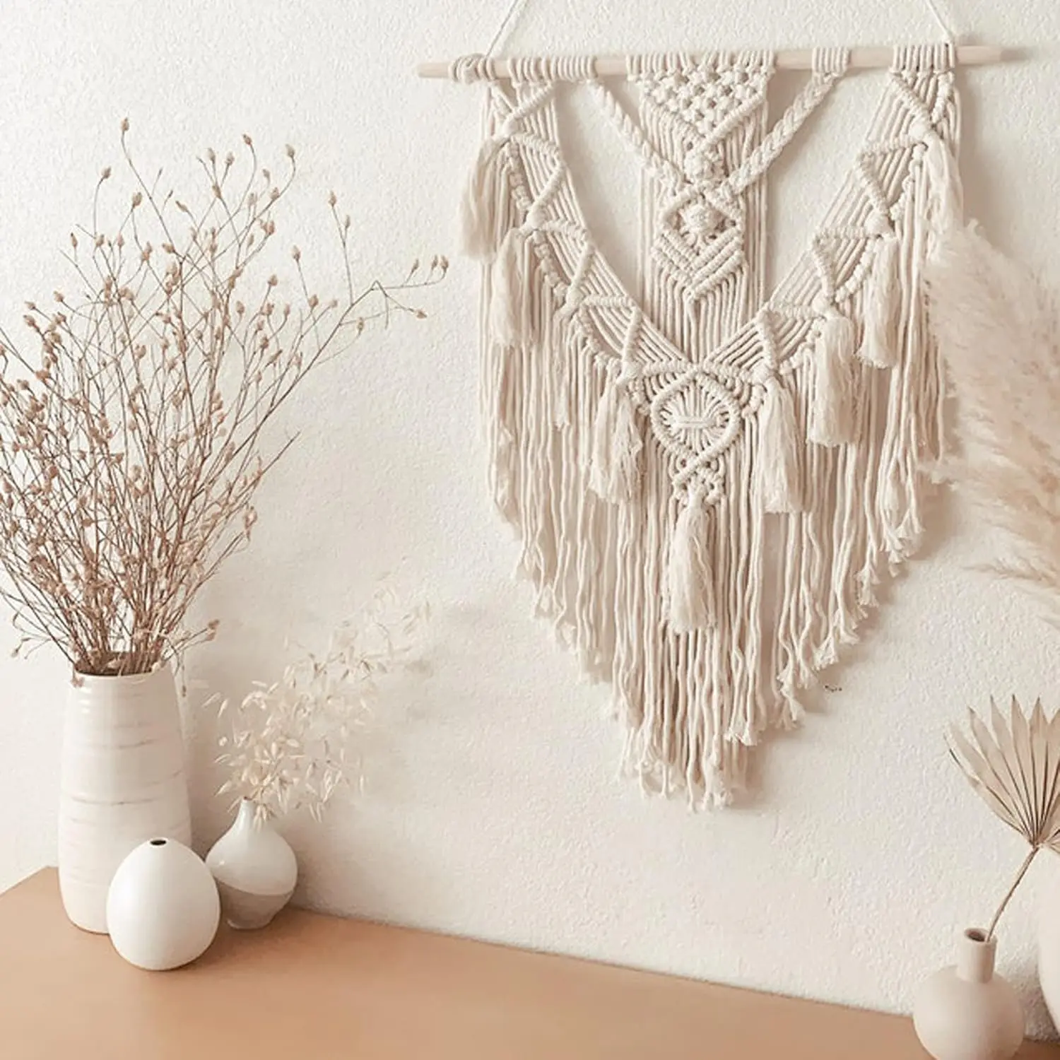 Macrame Boho Wall Hanging Decor, Geometric Woven Tapestry Chic Cotton Handmade Bohemian Art with Long Tassel, Craft Ornament for Dorm Home Bedroom Western Room Decoration Gift for Women, Christmas and New Year Gifts