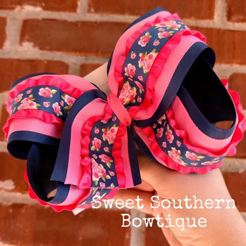 Navy Pink Floral Boutique Jumbo Hair Bow