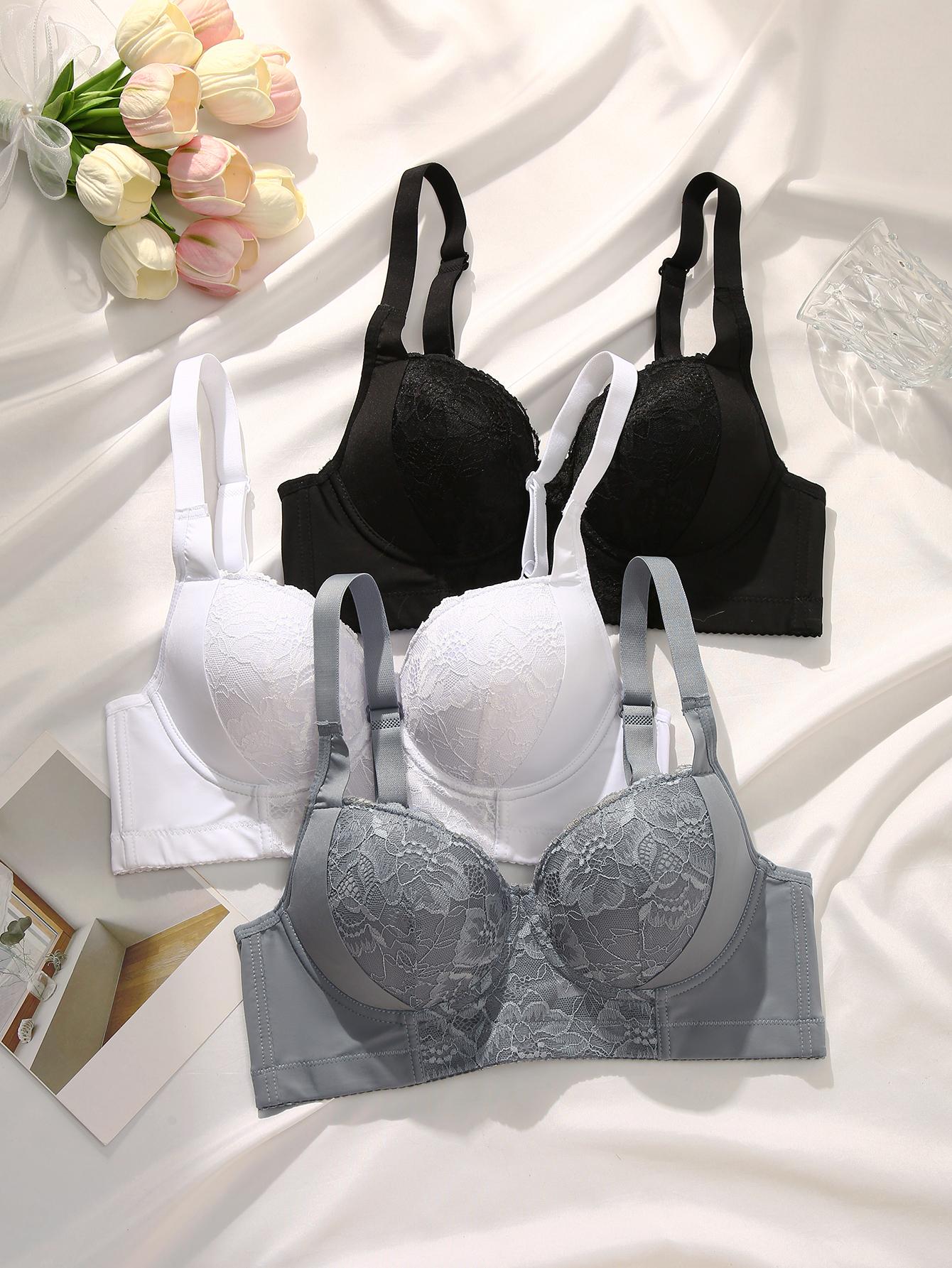 Mimilemon 3-Piece Elegant Lace Push-Up Bra Set with Breathable Non-Removable Pads Solid Color Contrast Lace Details Underwire Support for Women's Everyday Wear Fabric Womenswear Essential Style Basic White+Pink+Grey Push-Up Lace Bra comfort lift strap Mimilemon 3-Piece Elegant Lace Push-Up Bra Set with Breathable Non-Removable Pads Solid Color Contrast Lace Details Underwire Support for Women's Everyday Wear Fabric Womenswear Essential Style Basic White+Pink+Grey Push-Up Lace Bra comfort lift strap