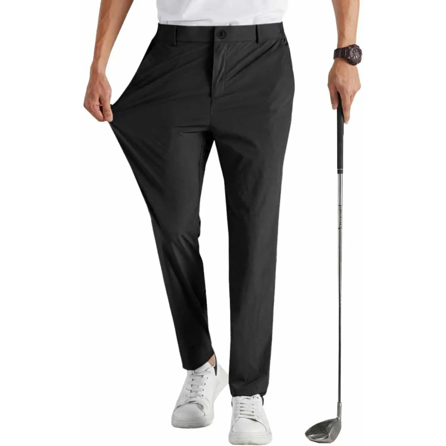 Runcati Mens Stretch Golf Pants Casual Slim Fit Cropped Tapered Dress Pants Elastic Waist Lightweight Trousers
