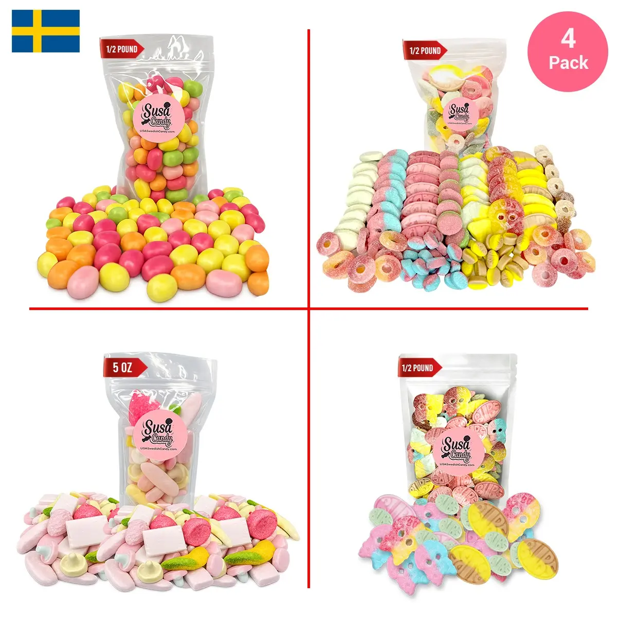 Bubs Swedish Candy - 4 Pack- Bubs Swedish mix - Kastanjer Fruit Candy maoam - marshmallow mix - Bubs & European Candy mix -Bonbon Vagen Gulete Free Gelatet Free Vegan Friendly Gluten Free Sour TOTAL 1.85 LB outdoorfun