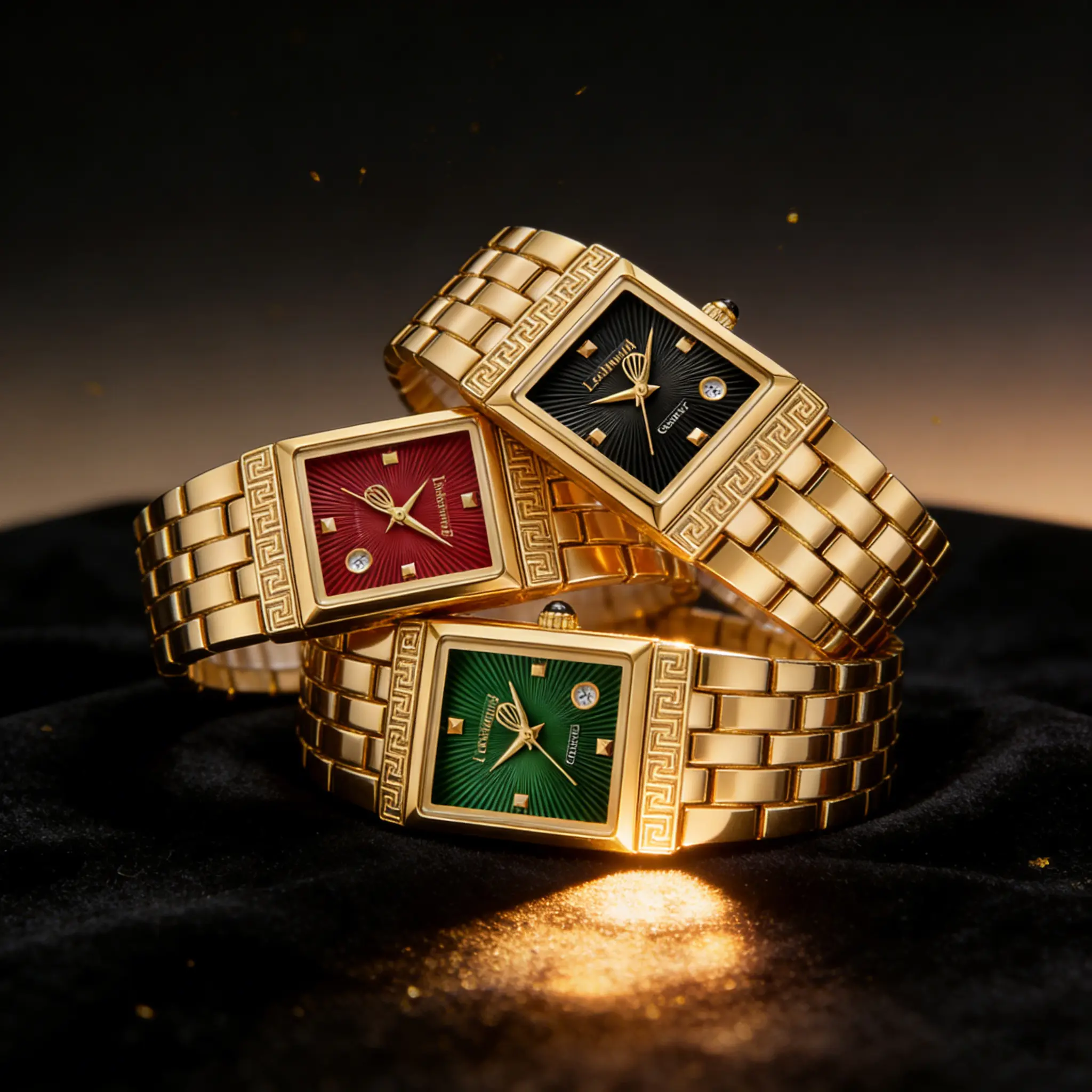 Sku:0177 Gold red mini watch gold‎ bracelet + gift box Vintage vibe in work Vintage Gold Square Watch for Women Red Dial Greek Key Style  main image 3