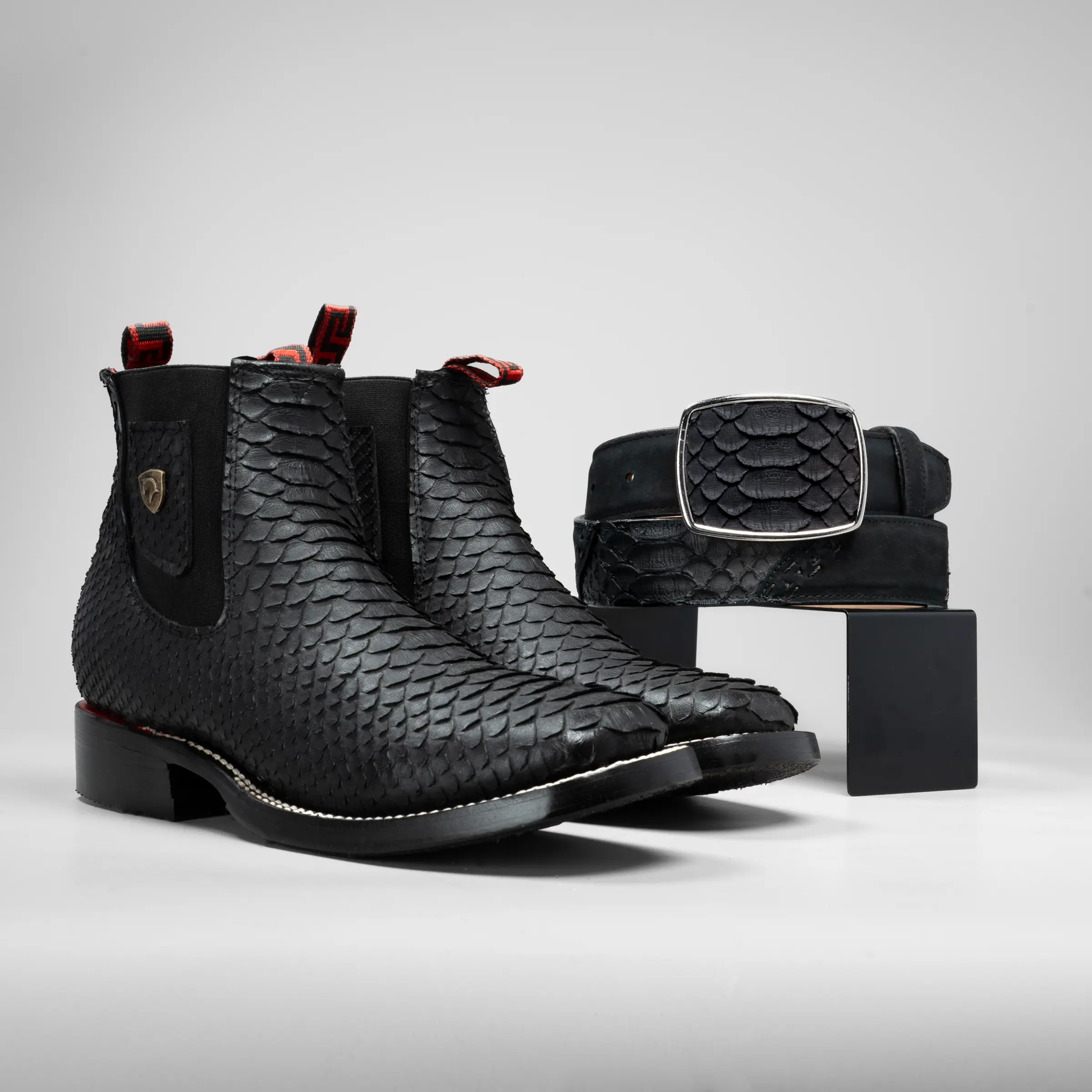 Combo Cowboy Square Toe Cowhide Leather Ankle Boots + Belt - Premium Full Engraved Leather, Rodeo Style Made in Mexico