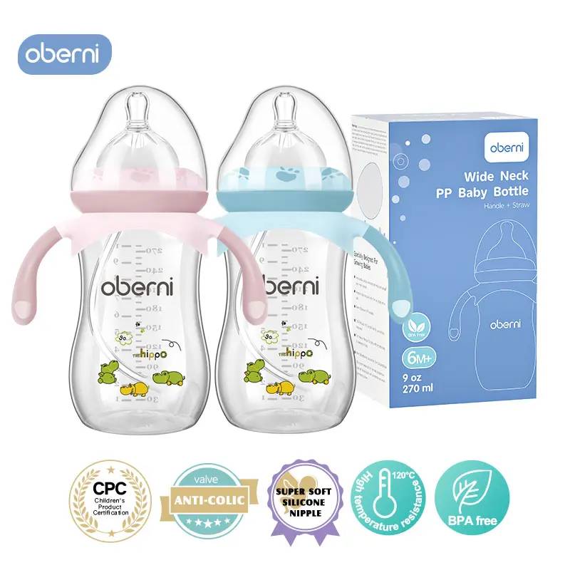 oberni Eco-Friendly Baby Feeding Container, 9oz Wide-Neck Polypropylene Design with Comfortable Anti-Colic Silicone Nipple, Weighted Straw & Handle, Baby Bottle, Breastfeeding Bottles, Bottles For Breastfeeding Babies,back to school