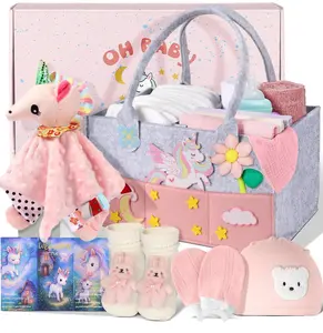 Coralogo Baby Shower Gift Basket – Baby Essentials Gift Set with Diaper Caddy, Security Blanket, Hat, Bib, Socks & Mittens, New Mom, Girl, Birthday or Welcome Baby
