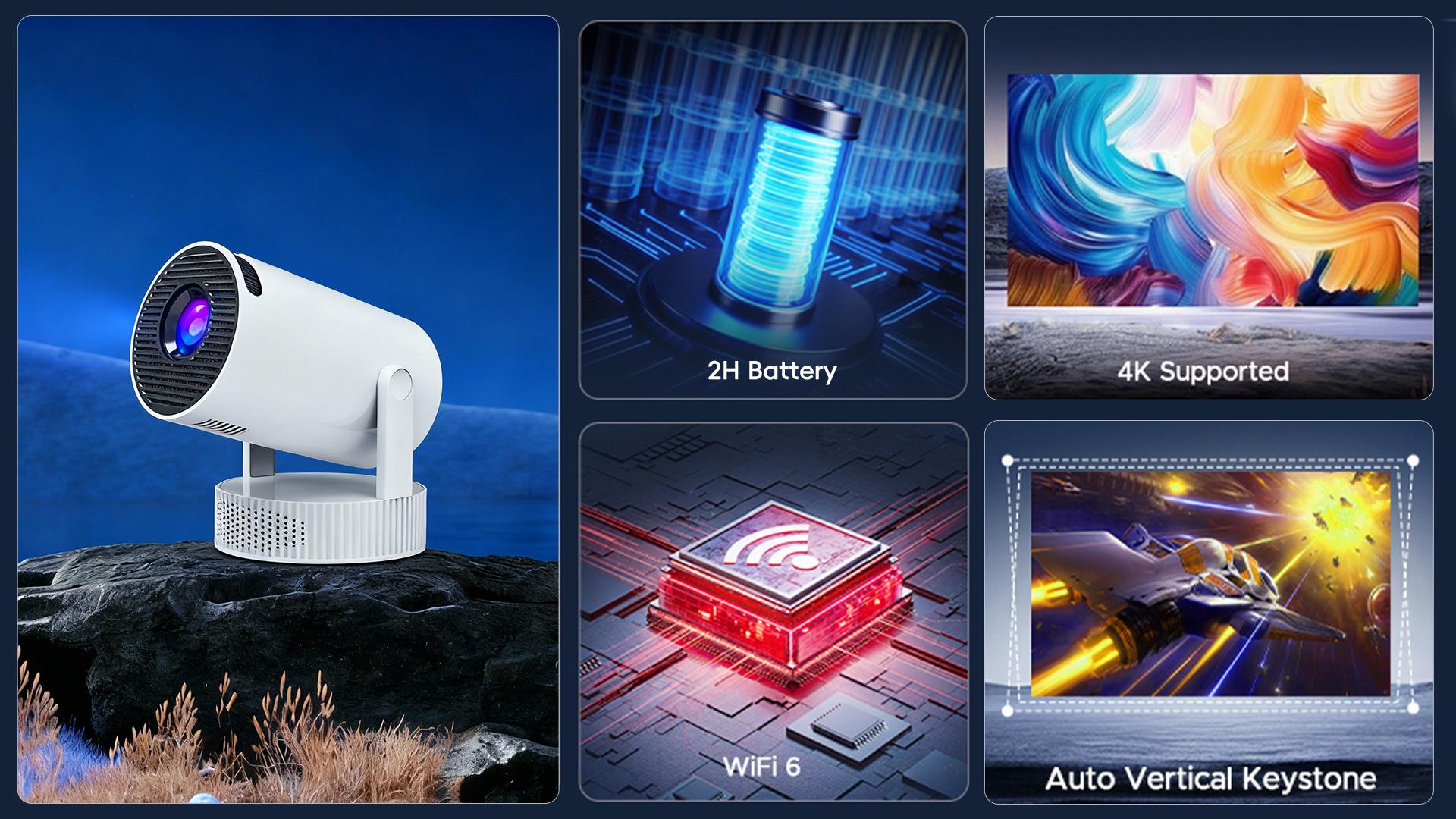 Mini Projector with Built-in Rechargeable Battery for Outdoor, Portable Projector with WiFi and Bluetooth, 4K Christmas Projector, Smart Projector Compatible with iphone/TV Stick/HDMI/USB/Laptop