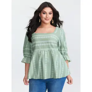 【Summer Turn-Up】【Neck-Lengthening】BlOOMCHIC Plus Size Boho Stripe Print Square Neck Blouse [M-6X] 2026 Summer Pick for Mother's Day Swimweek