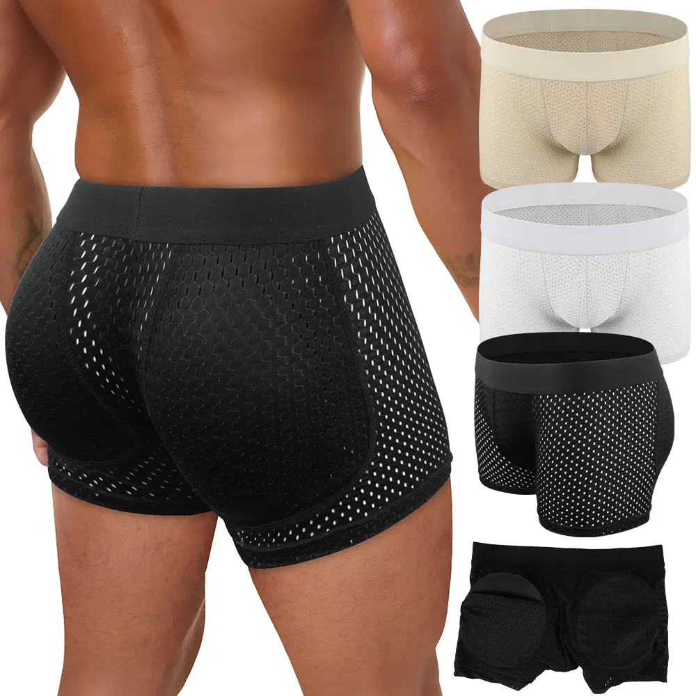 Men's Padded Shapewear Boxer Briefs with Removable Butt Lift & Hip Pads, Breathable Nylon Mesh for a Natural Everyday Look