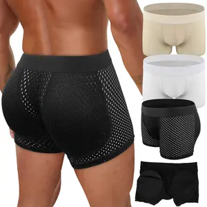Menswear Body Shaper Shapewear Padded Underwear Breathable Butt Lift Mesh Boxer Briefs Shorts with Removable Pads Lightweight Hips Enhancers Compression Slim Fitting Elastic Nylon Fabric Classic Boxer Style Plain Soft Beige Lingerie