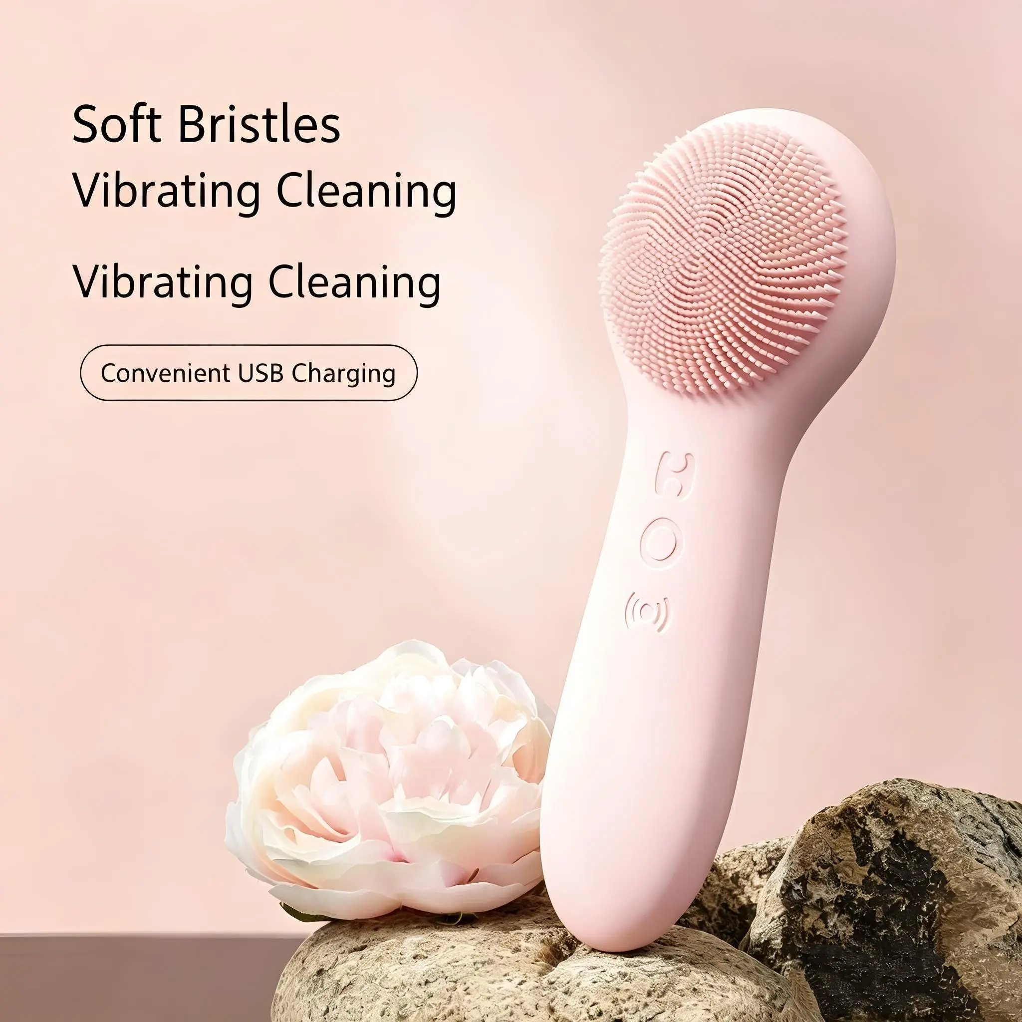 Pink Electric Silicone Facial Cleansing Brush with 5 Adjustable Vibration Modes, Waterproof Gentle Face Scrubber for Sensitive Oily Skin Deep Clean Makeup Pore Cleansing Skincare Tool