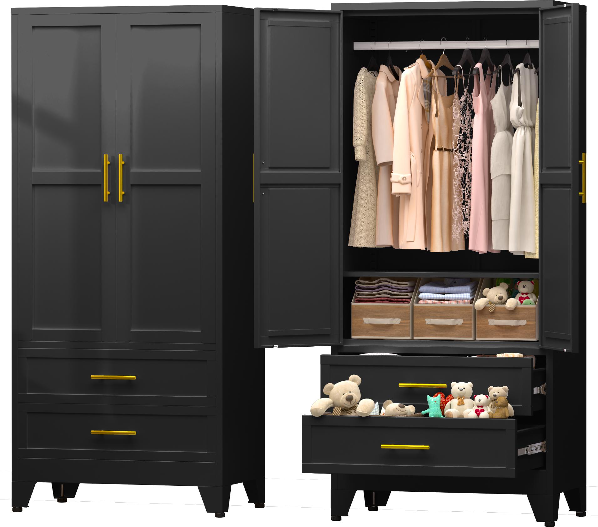 Metal Wardrobe Closet 71" with 2 Doors & 2 Drawers, Armoire Wardrobe Closet with Hanging Rods and Adjustable Shelf, Steel Wardrobe Storage Cabinet for Bedroom, Large mothersdaygift