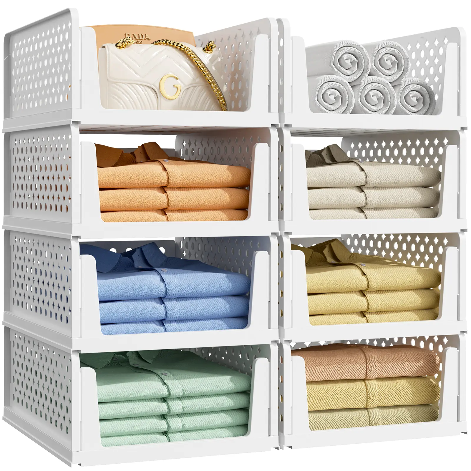 8 Pack Closet Storage Baskets, Foldable Stackable Closet Organizer Bins for Clothes, Wardrobe Storage Baskets 8 Pack Closet Storage Baskets, Foldable Stackable Closet Organizer Bins for Clothes, Wardrobe Storage Baskets