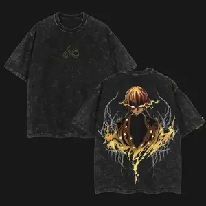 Zenitsu - Demon Slayer Anime Double Printed Vintage Washed Unisex Oversize Anime Manga Washed Heavyweight Cotton T-shirt, gifts For Anime Fan, Anime Lover