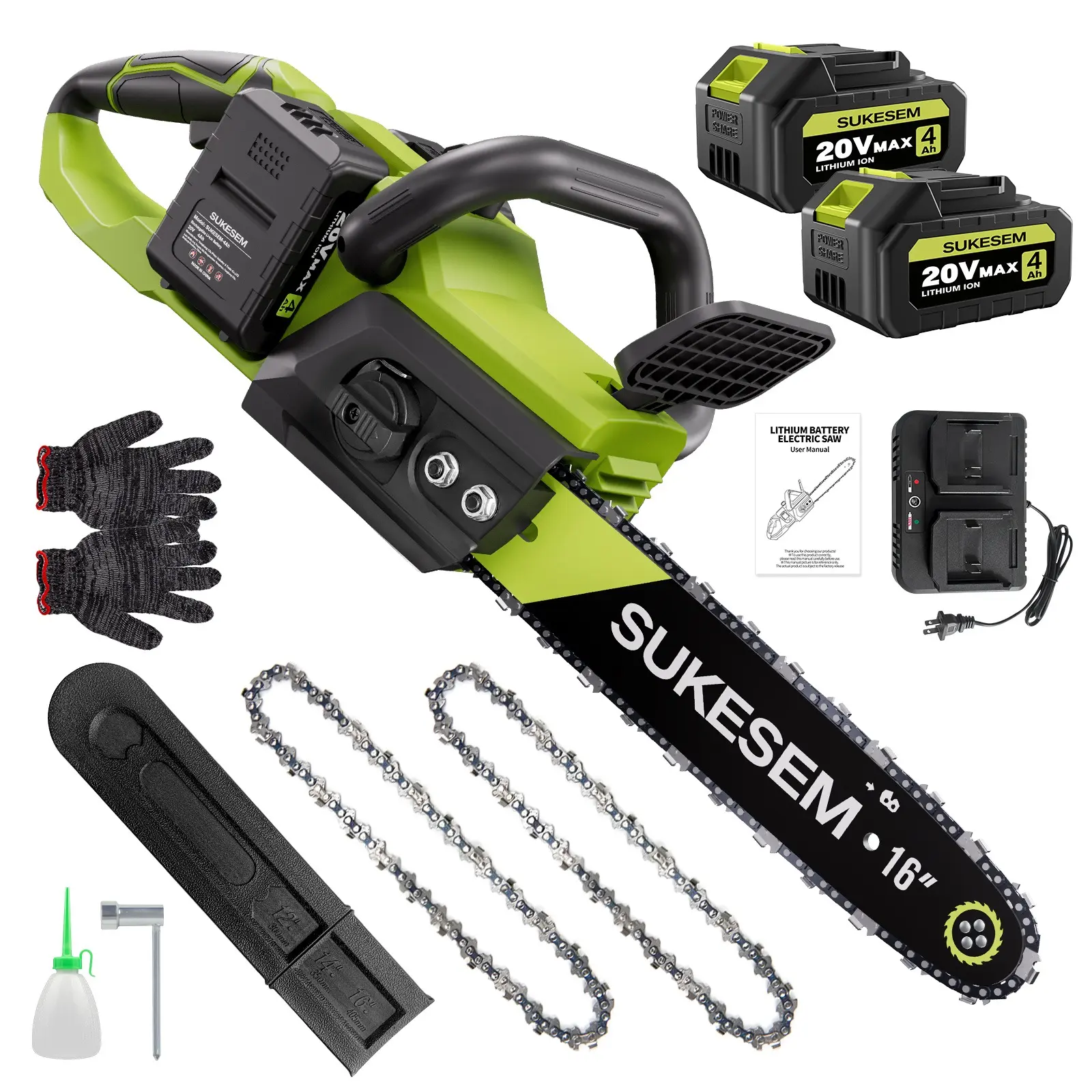 SUKESEM 16-Inch Brushless Motor Electric Chainsaw with 2x 4.0Ah Batteries, Charger, Tool-Free Chain Tensioning, Automatic Lubrication, Plastic Body for Tree Trimming, Wood Cutting