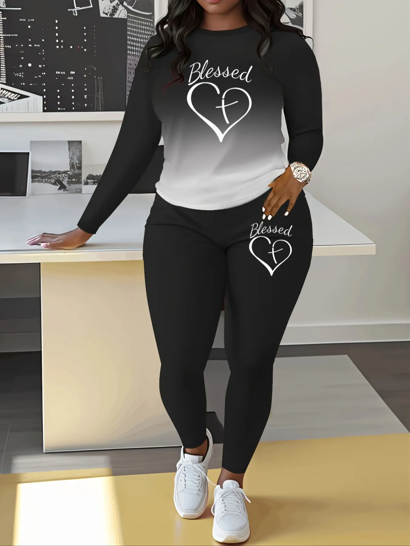 Women's Ombre Letter Heart Print Tee & Pants Two-piece Set, Fashion Pants Top Set, Casual Round Neck Long Sleeve Fitted T-shirt & Trousers for Spring & Fall, Ladies Clothes for Daily Wear, Casual Summer Set, Casual Everyday Set
