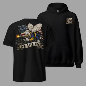 United States Navy Seabees T Shirt Hoodie, 2 Sides, Vintage Seabees Combat Graphic Tee, Soft Cotton Blend Apparel, Patriotic Military Clothing for Men & Women, Navy Pride Gift