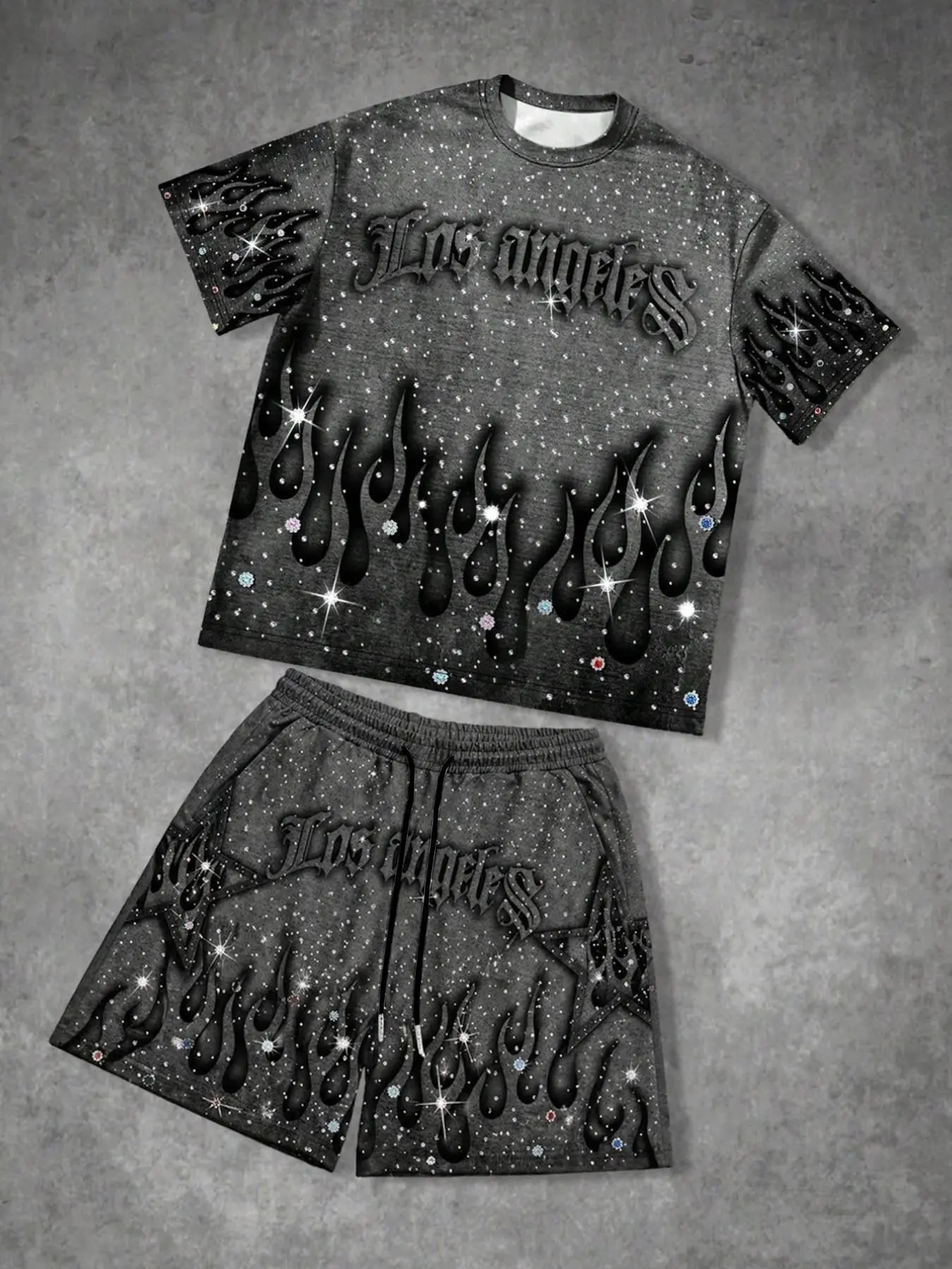 Vintage Casual Baggy Two-Piece Set, Trendy "Los Angeles" Letter & Flame Print, Loose-Fitting Fashionable Outfit for Men
