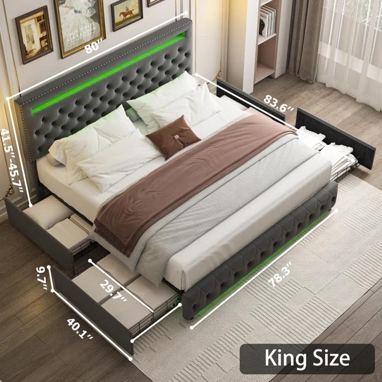 GEGOFORU Queen LED Storage Bed Frame with 4 Drawers, Smart RGBW LED Headboard & Footboard Lights, Noise-Free Platform Bed, No Box Spring Needed, White