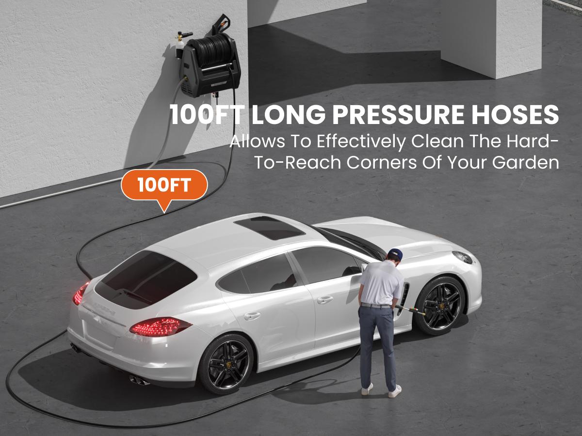 Giraffe Tools Grandfalls Retractable 2900PSI & 2.2 GPM Pressure Washer 2X Lower Noise for quite Essential 100ft replaceable Ultra-Soft Hose, 4 Nozzles, Total Stop System, Breezy Retraction, Eco-Friendly Reuse, Ready-To-Use Design