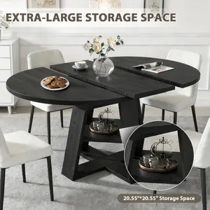 43.3in-59in Extendable Round Dining Table for 4-8, Expandable Oval Kitchen Table with Storage Shelf, Modern Circular Dinner Table with Sturdy V-Shaped Legs for Small Space, Living Room, Restaurant
