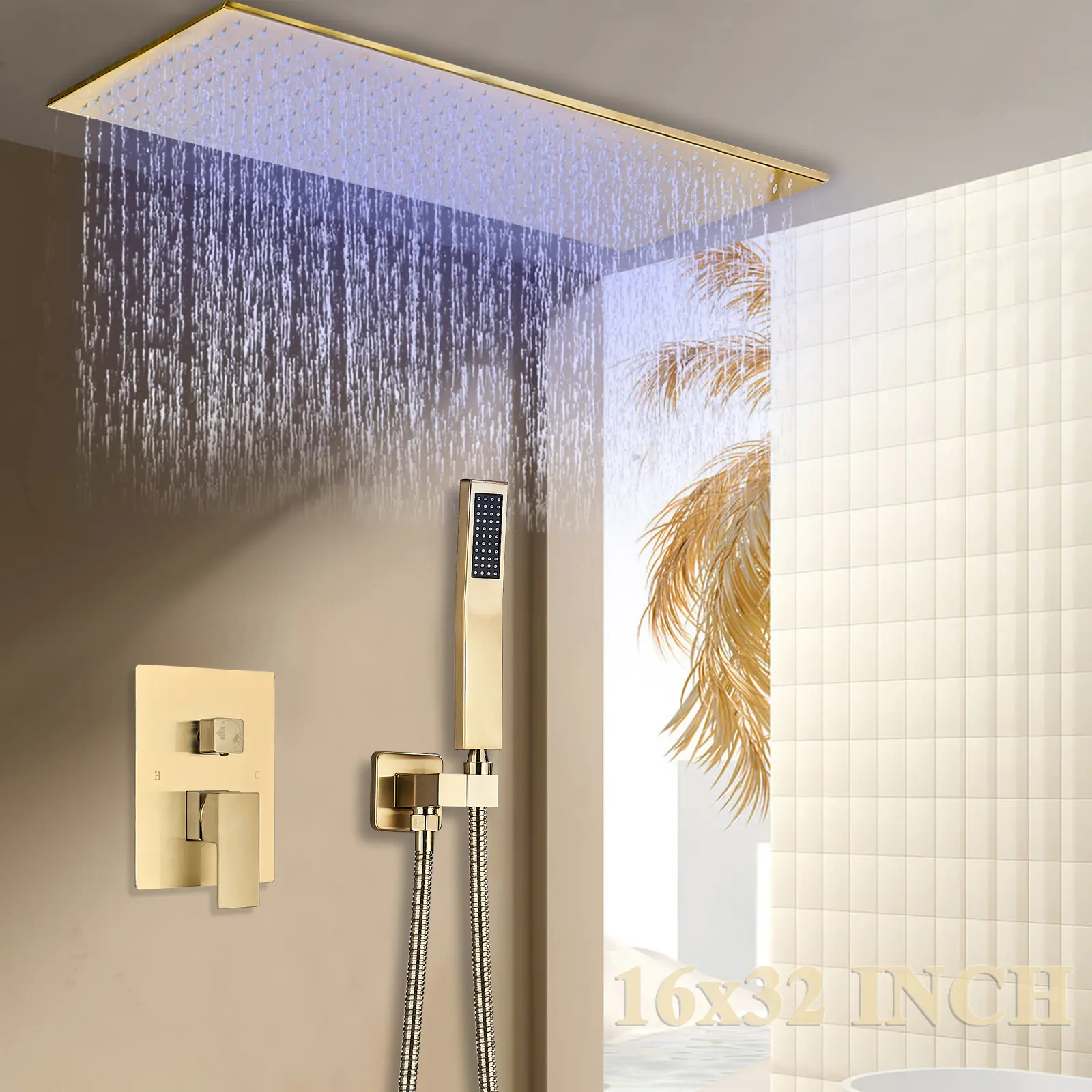 Luxury Brushed Gold LED Rain Shower Faucet Set, 16 x 32 Inch Ceiling‑Mount Oversized Square LED Shower Head Combo with Handheld Spray, Complete Concealed Valve Shower Syatem for Modern Bathroom