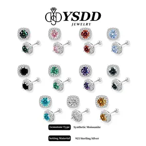 【#24】Colored Square Halo Synthetic Moissanite Earrings 1CT(0.5CT Each) 925 Sterling Silver Halo Stud Earrings for Women Girls Men gift DIY