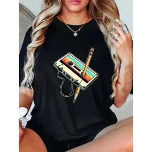 Retro 80s 90s Cassette Print Graphic T-Shirt - Women'S Casual Crew Neck Short Sleeve Tee, Black with Colorful Music Note Design, Music T Shirts graphic tees