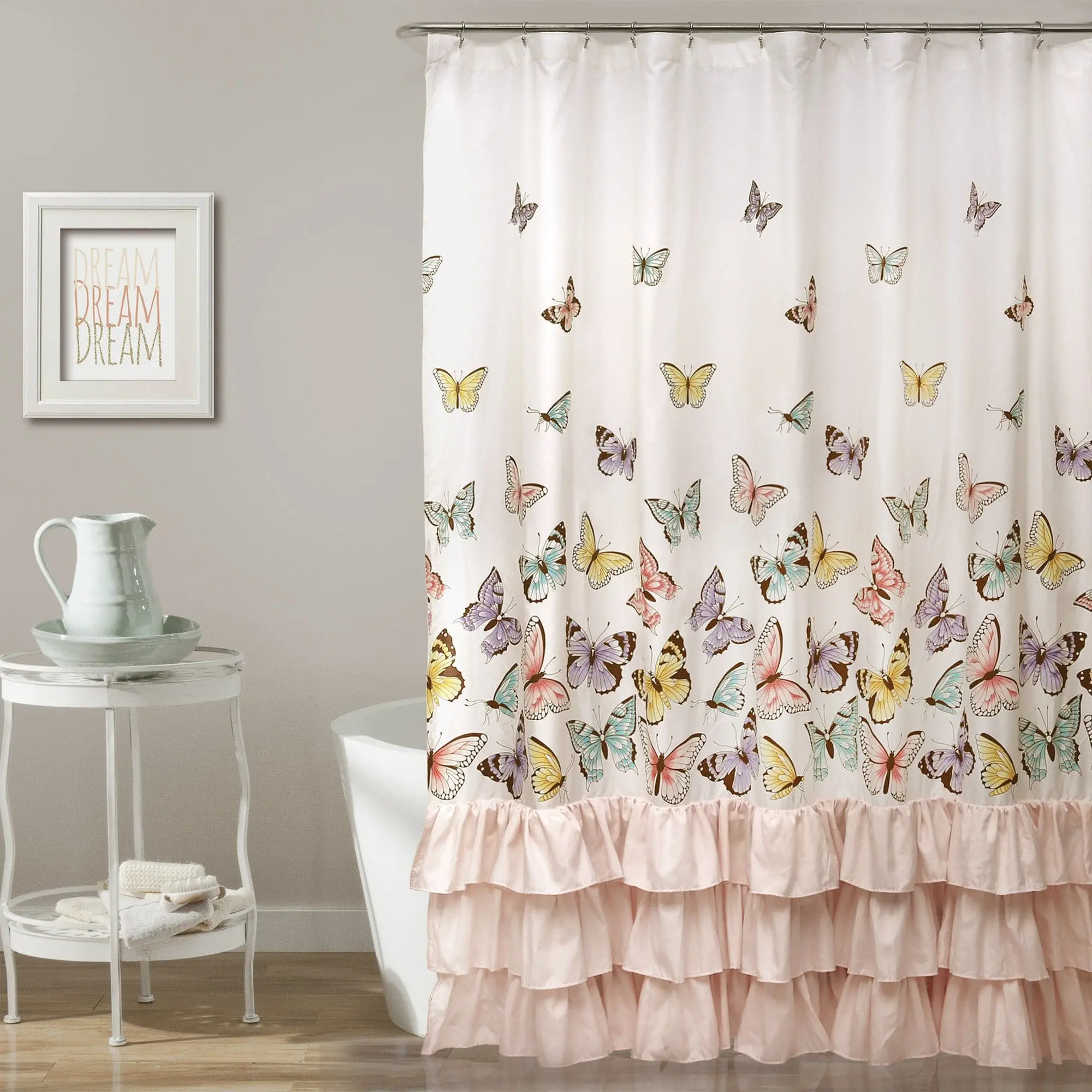 Lush Decor Flutter Butterfly Shower Curtain - 72 Inches Polyester with Colorful Butterflies & Ruffles - Perfect for Girl's Bathroom Decor