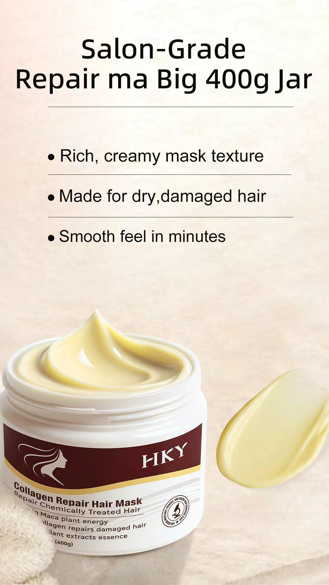 HKY Collagen Deep Repair Hair Mask, Argan Oil Deep Conditioner Treatment for Dry, Damaged, Frizzy Hair. Natural Hydrating Haircare for Color-Treated, Bleached Hair, Split Ends & Breakage. Professional Salon Quality Smoothing Frizz Control Formula (400 g)