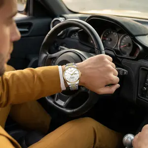 Luxury Men's Analog Watch with White Dial, LANDQINDY Gold-Silver Mixed Band, 100M Waterproofing, Fluorescence Night Vision Effect, Elegant Roman/Diamond Index Accents