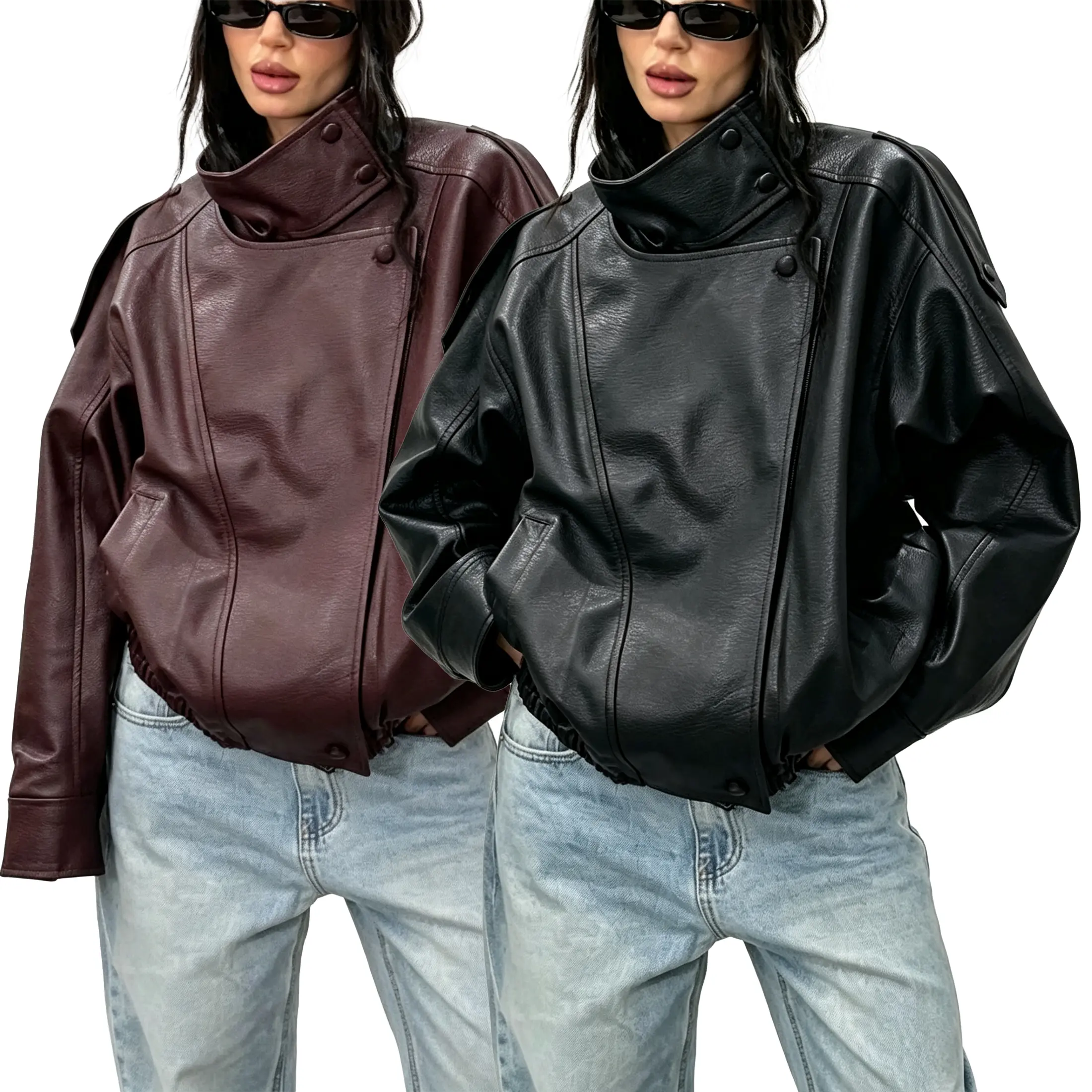 Wandal Vegan Leather Oversized Moto Jacket Women Stand Collar Elastic Hem Bomber Coat 90s Vintage Streetwear Fall Outerwear