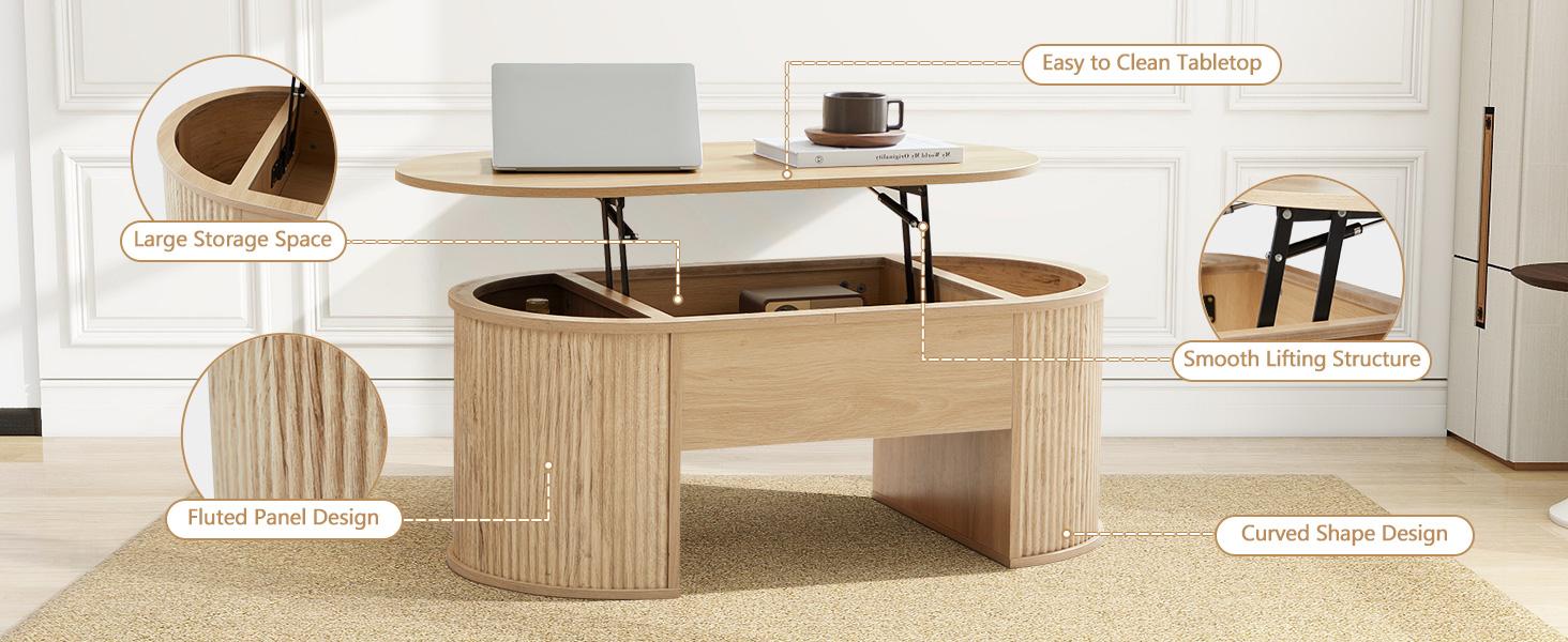 Giratree Fluted Coffee Table with Lifting Top, Oval Wood Lift Top Coffee Table with Hidden Compartment, Mid Century Pull up Center Tables for Living Room, Office