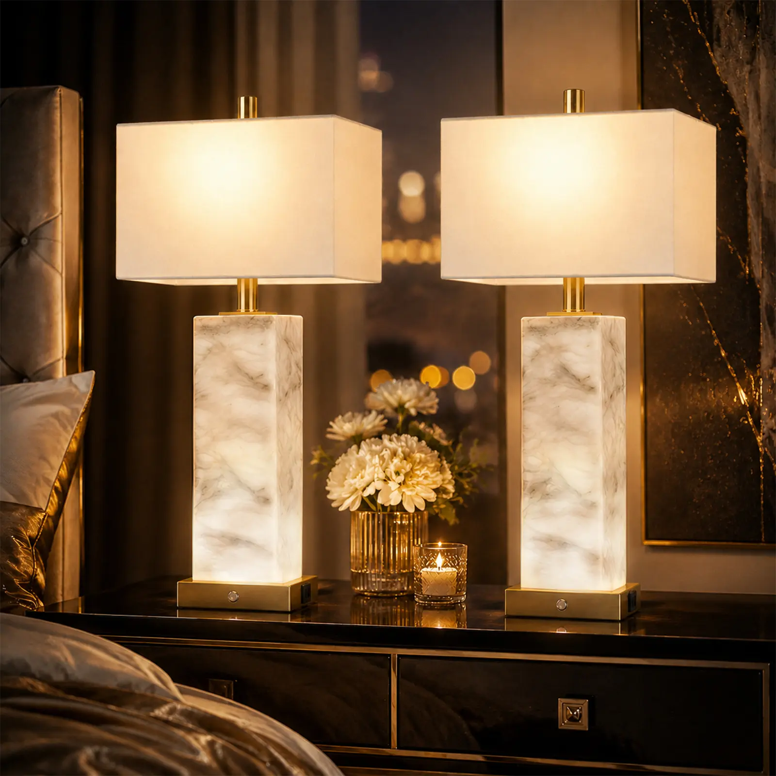 VALLERICO Marble Table Lamp, Marble Lamp with Dual Lights, Natural Marble Table Lamp with Independent Controls, 3 CCT LED Bulbs, USB Charging Ports, E26 Nightstand Lamp for Bedroom, Living Room, Office, Dining Room & Home Decor,stockup