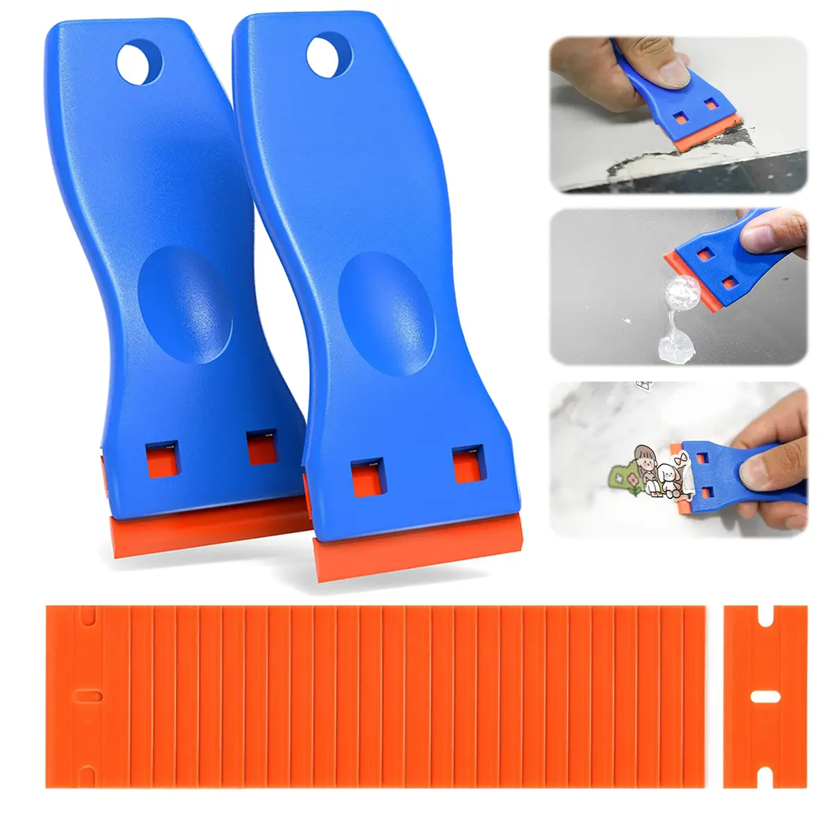 2 Pcs Plastic Razor Blade Scraper and 100 Pcs Blades, Remove Label Decal Tool, Forwithout Scratches Plastic Razor Blade Scraper, Adhesive Remover for Kitchen Appliances, Stickers and Paints on Window