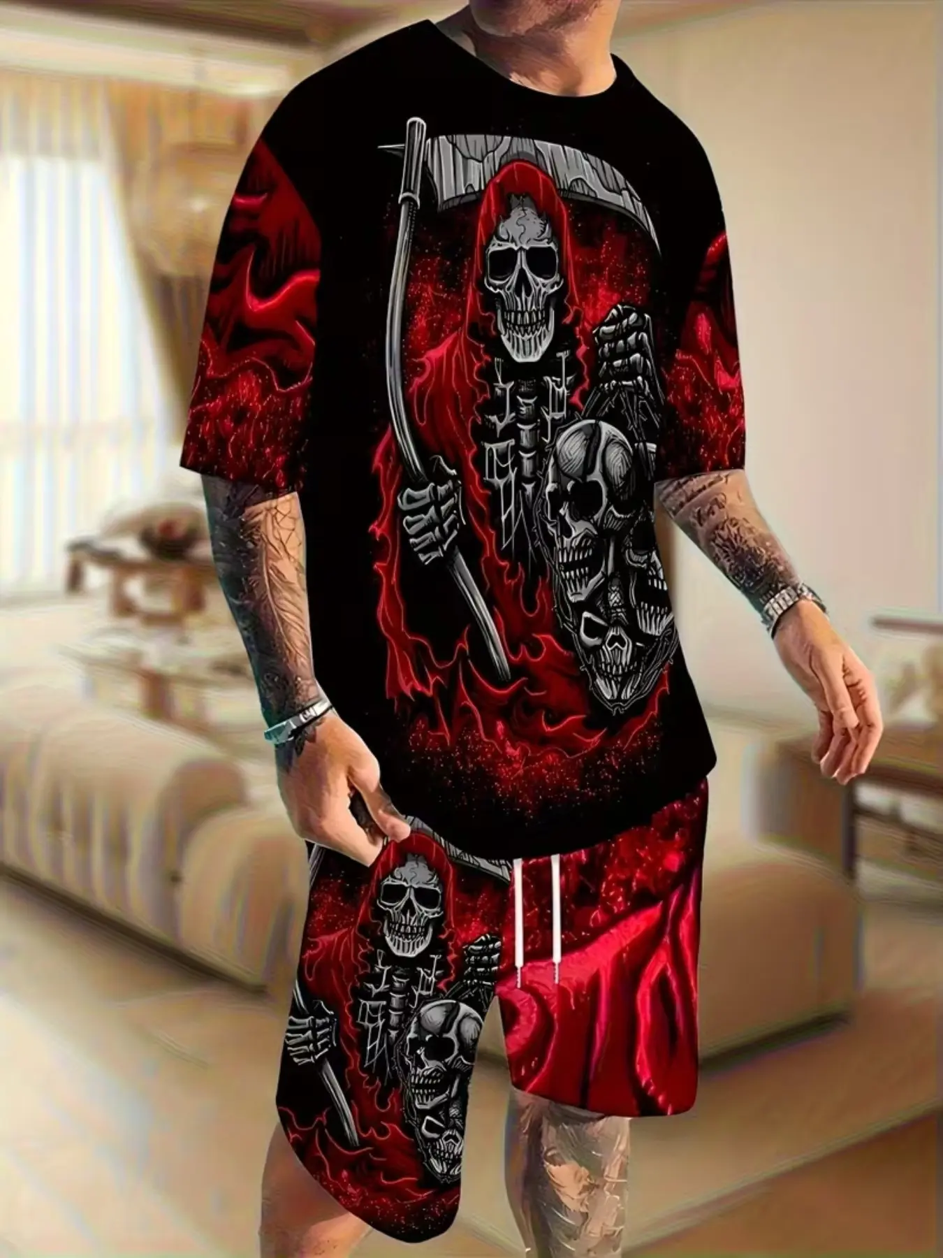 Men's Printed Short Sleeve T-Shirt + Shorts Set, Casual Sportswear, Breathable Outdoor Wear, Summer 3D Set, Adult Men