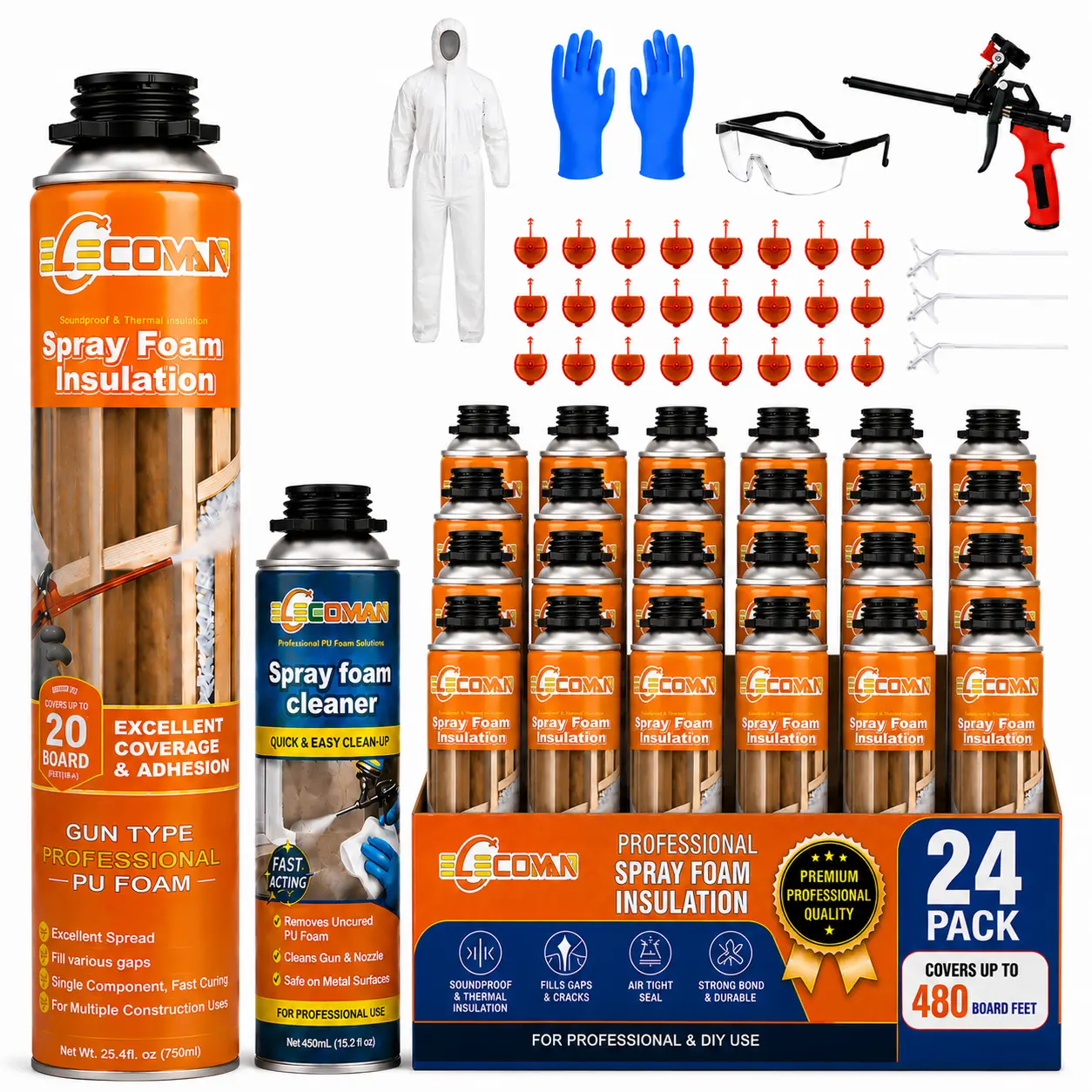 Closed Cell Spray Foam Insulation Kit,High Density Polyurethane Expanding Spray Foam for Walls and Attic,Easy DIY Wide Spray Foam Kit with Gun, Cleaner & Safety Gear（ 40 Sq.Ft.）