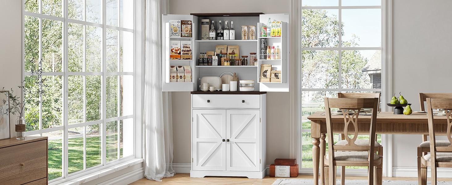 【SPOTLIGHT DAY】ONBRILL 71" Tall Farmhouse Kitchen Pantry Cabinet with 6 Door Shelves & Drawer Wood Storage Cabinet 2 Adjustable Shelves 4 Barn Doors Freestanding Cupboard for Kitchen Dining Room