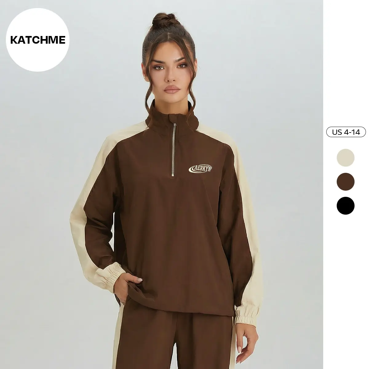 KatchMe Women's Workout Color-Matching Striped Mock Neck Long Sleeve Sweatshirt, Athleisure Partial Zipper Toggle Drawstring Loose Top, Lightweight Going Out Outfit