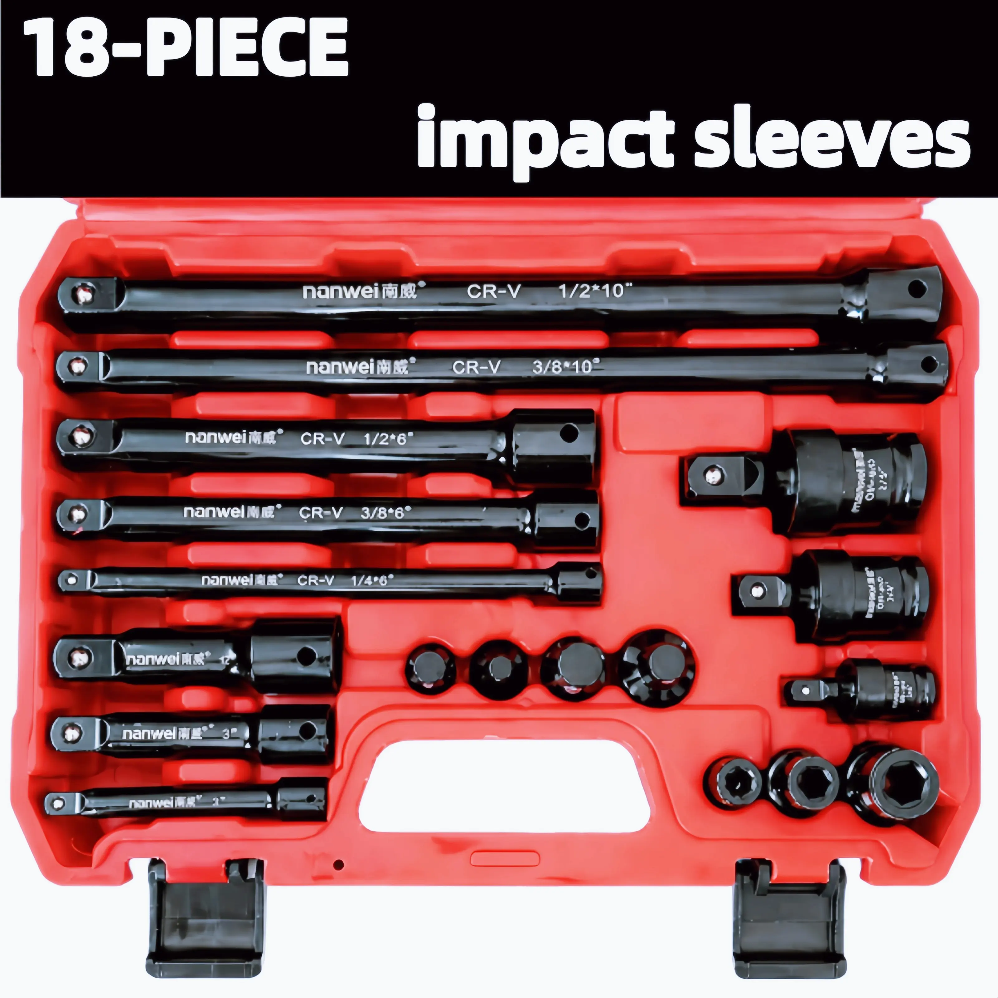 18-Piece CR-V Steel Impact Socket Work Tools Set - 8 Wrench Extend Rods, 4 1/2" 3/8" 1/4" Drive Adapters, 3 Universal Joints, 3 Hex Couplers - Mechanic Impact Wrench Converter Kit With Storage Case For Automotive Repair
