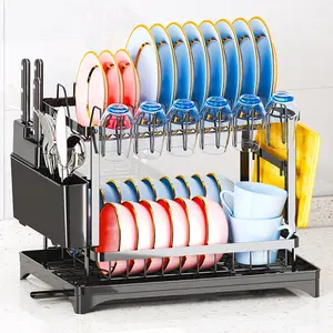【New Year Deals】 Double-Layer Kitchen Countertop dish drying racks, Large Capacity Sink Organizer, with Drain Board, Can Hold Tableware, Carbon Steel Material, kitchen organization