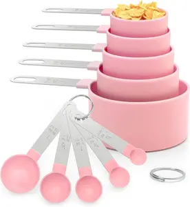 10pcs Stackable Measuring Cups & Spoons Set | Stainless Steel Handle Kitchen Tools (Pink)