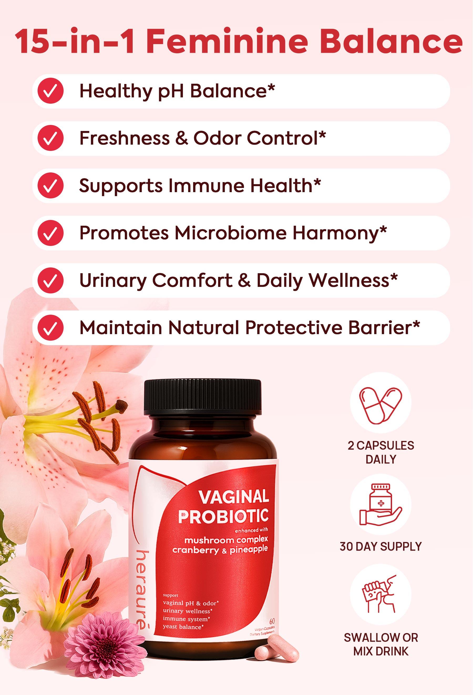 HerAuré Women’s Probiotics - pH Balance, Odor Control, Flora Health, Moistening, Tightening - With 7 Billion CFU Probiotic, Prebiotic, 7-in-1 Mushroom Blend, Cranberry, Pineapple - 60 Capsules (Pack of 1), Self-Care Gift,Summervibes