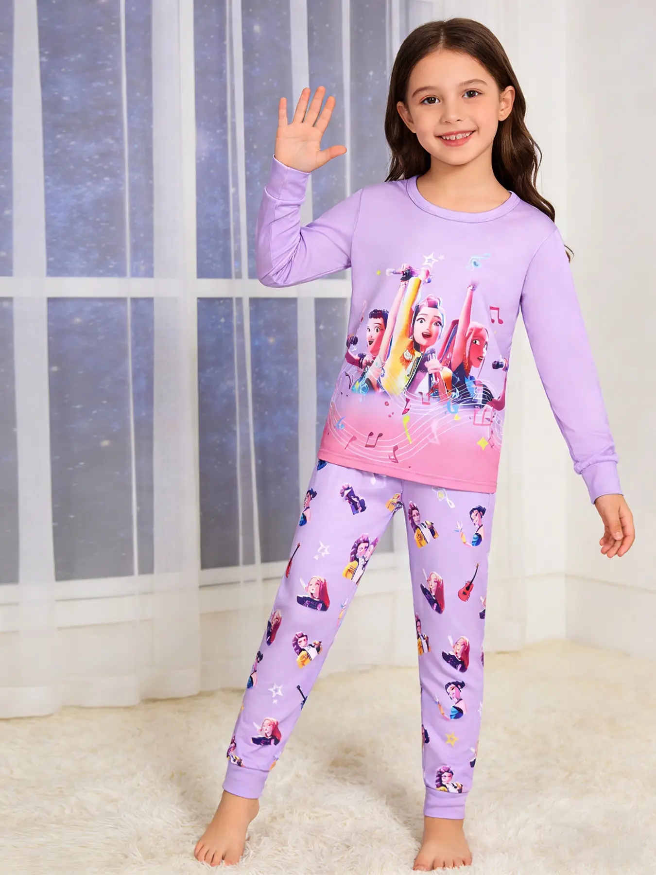 Girls' 2-Piece Cute Sweet Music Girl Print Round Neck Long Sleeve Pants Sleepwear Set, Casual Fall & Winter Home Wear