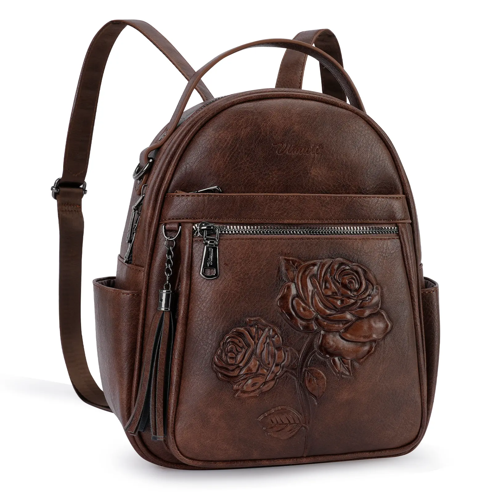 Women's Embossed Rose Leather Floral Mini Backpack - Multi-Pocket Storage Purse, Serial V1915, Ideal for Mother's Day, Everyday Carry, Camping Essentials, Back to School (With Embroidering Details)