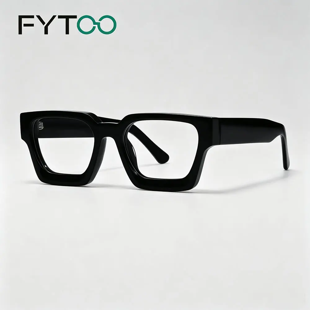 FYTOO Unisex Full Rim Thick Rectangle Acetate Glasses - Bold Retro Statement Eyewear for Daily Wear, Replaceable Thick Lens Frames, PC Material, Customizable Non-Prescription Replacement Lenses