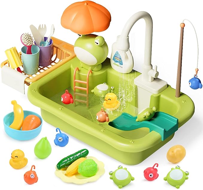 Cute Stone Sink Toys with Upgraded Electric Faucet Pool Floating Fishing Toys for Water Kitchen Set Toys Portable Pretend Play Dishes Play House Easter Eggs