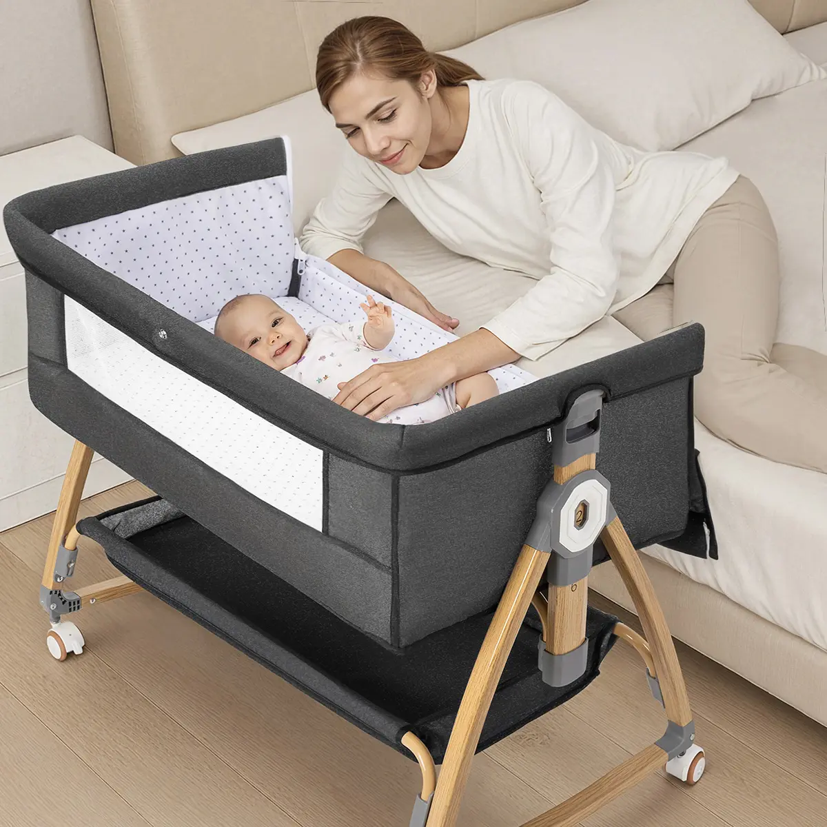 COMOMY Baby Bassinet Crib, Bedside Bassinet for Baby, 4 in 1 Easy to Fold Portable Bedside Sleeper Rocking Crib with Wheels, with Mosquito Net & Storage Basket, 6 Height Adjustable, Grey