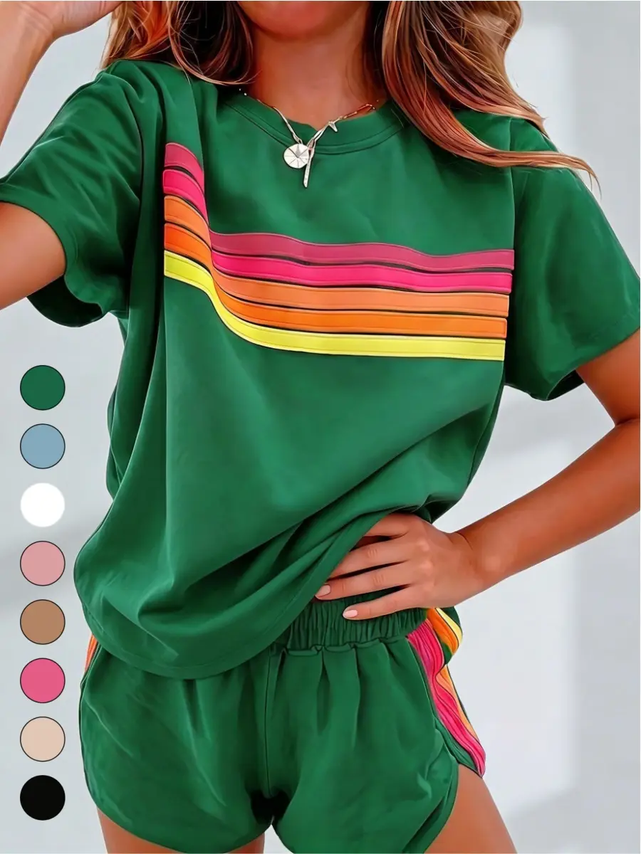 Tongudon Women's 2 Piece Loungewear Set with Pockets, Casual Rainbow Stripe Soft Stretchy Outfit with Round Neck T-Shirt and Shorts for Gym, Outfits, 2 Piece Sets, Clothes For Women, Matching Sets