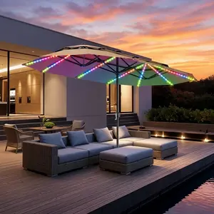 [RGB LED] PHI VILLA 13ft/15ft Double-Sided Patio Umbrella with RGB Solar LED Lights, Double Vent Top & Base – Extra Large Backyard & Pool Umbrella